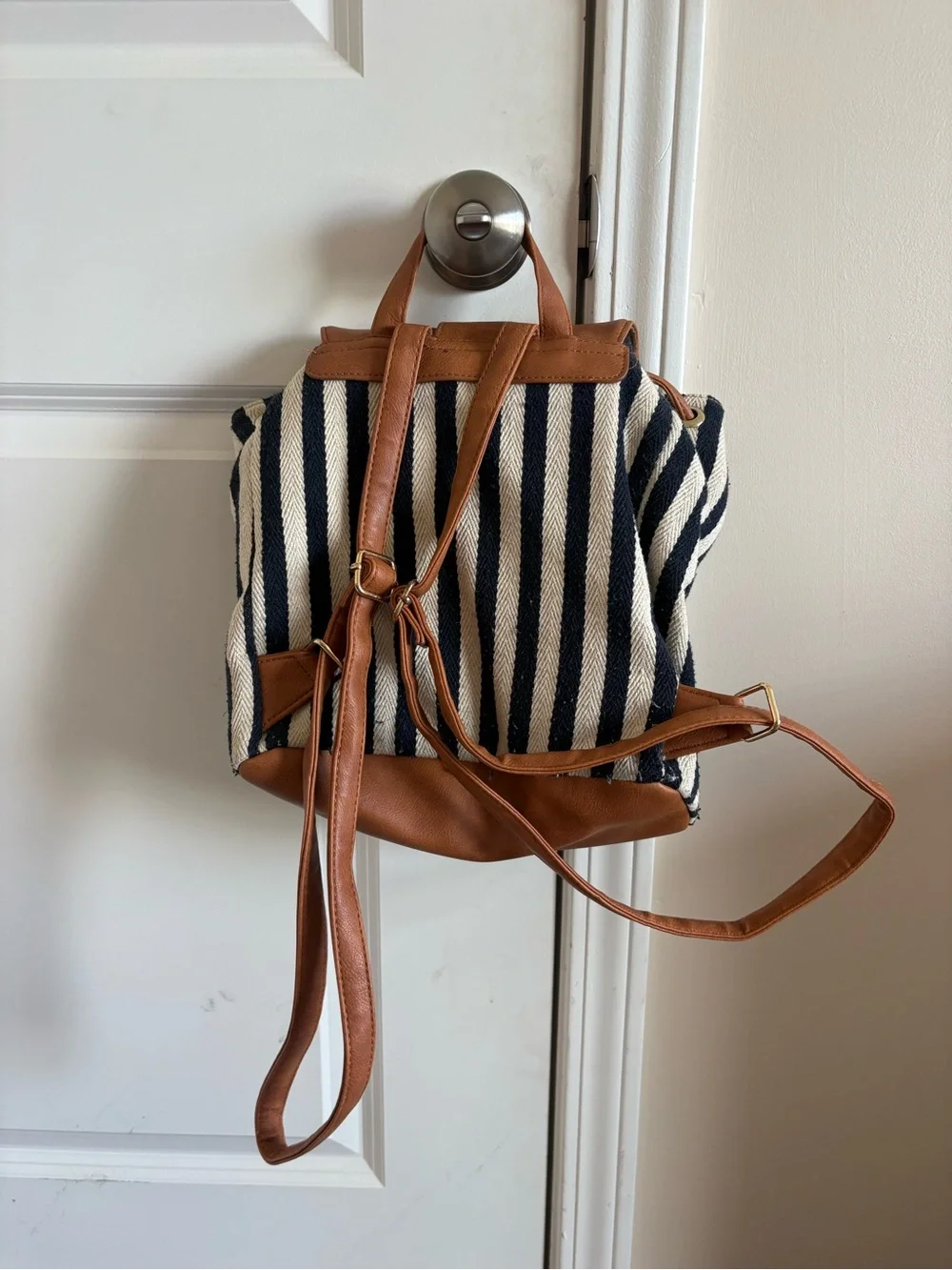 Striped Canvas and Tan Leather Backpack